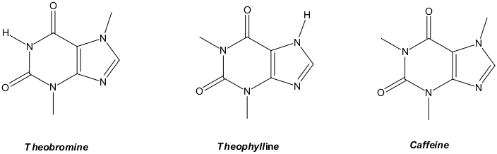 Examples of  nucleobase-like alkaloids; all are methylxanthines